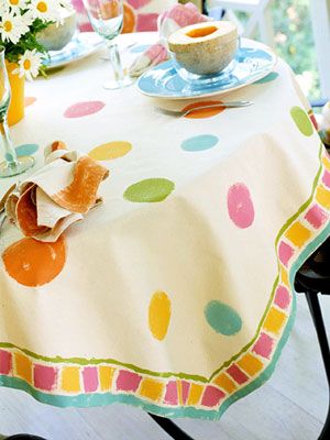 painted table cloth Painted Tablecloth, Canvas Table, Easter Tablecloth, Spring Table Decor, Easter Decorating, Summer Craft, Bunny Cake, Daisy Design, Spring Table