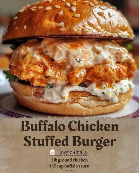 🔥 Ultimate Buffalo Chicken Stuffed Burgers 🍔🍗🌶️ (Cheesy, Spicy, and Delicious!) Ingredients: 1 lb ground chicken 1/2 cup buffalo sauce 4 hamburger buns 4 slices cheddar cheese Fresh lettuce, juicy tomato slices, and crispy onion for toppings Instructions: Make the Buffalo Chicken Patties: In a bowl, combine the ground chicken with the buffalo sauce. Shape the mixture into 4 even-sized patties. Cook to Perfection: Grill or pan-fry the patties on medium heat until fully cooked (internal temp... Spicy Chicken Patties, Crispy Ground Chicken Burgers, Spicy Ground Chicken Burgers, Buffalo Chicken Burgers Pioneer Woman, Will Cook For Smiles Chicken Burger, Chicken Burger Patties, Buffalo Chicken Burgers, Stuffed Burgers, Pan Fry