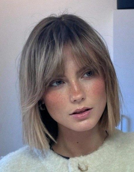 Short Hair With Short Fringe, Short Blonde Fringe, Short Hair Light Bangs, Short Dark Blonde Bob, Short Dark Blonde Hair With Bangs, Short Hair Bangs Straight, Bob And Fringe Hairstyles, Neck Length Hair With Curtain Bangs, French Bob Fine Hair Over 50