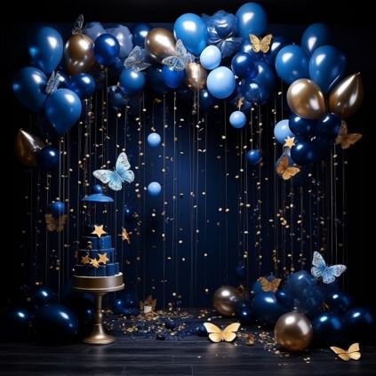 Blue Birthday Themes, Blue Party Themes, Sweet Sixteen Party Themes, Blue Balloon Arch, 15th Birthday Decorations, Butterfly Birthday Party Decorations, Elegant Entrance, Butterfly Theme Party, Blue Sweet 16