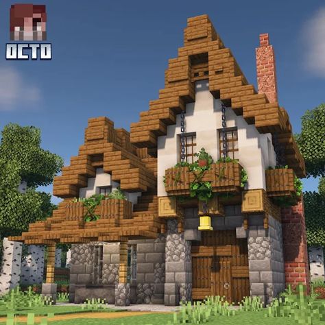 Village Base Minecraft, Custom Minecraft Village House, Stone And Wood Minecraft House, Cottages In Minecraft, Minecraft Houses Vanilla Survival, Minecraft House Ideas No Texture Packs, Minecraft Cottage Village Ideas, Redesigned Minecraft Village, Minecraft Building Ideas Rustic