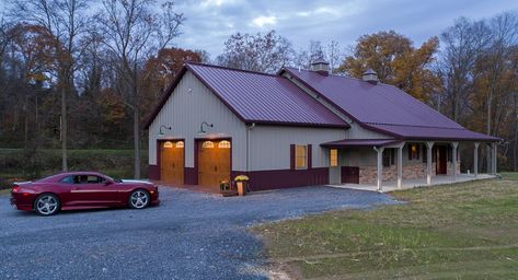 Evening view of Dave's home that was designed and constructed by Morton Buildings. Metal Homes Floor Plans, Morton Building Homes, Metal Building House Plans, Metal House Plans, Steel Building Homes, Morton Building, Evening View, Metal Building Home, Garage Apartment Plans