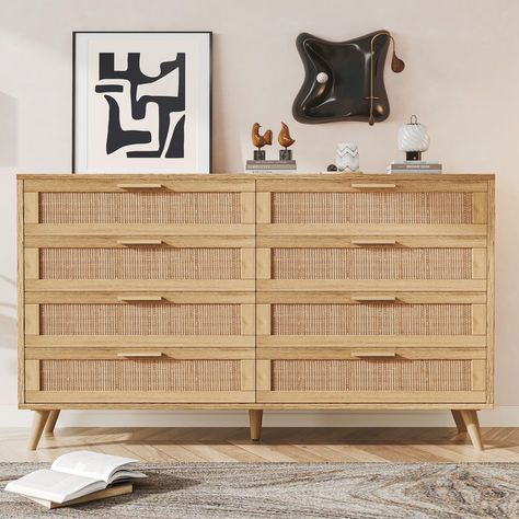 PRICES MAY VARY. Style Home: Equipped with woven rattan, while angled legs and golden handles, the drawer dresser will add a mid-century charming to your home. Use on its own or pair it with other rattan matching pieces from Airbuyhome Ample Storage Space: Size at 47.2"L x 15.7"W x 37"H, the wide wooden top can hold your lamp, photos and flower, the 8 large drawers provide enough storage space for clothes, books and all your bedtime items, keep your items organized and room tidy! Multi-Purpose: Dressers Modern, Bedroom Rattan, Lingerie Dresser, Accent Storage Cabinet, 8 Drawer Dresser, Dresser For Bedroom, Dresser Chest, Accent Storage, Wooden Dresser