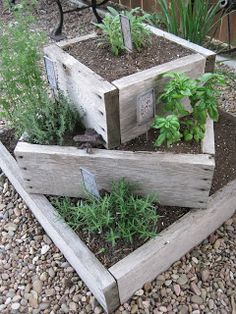 Three-tier herb garden. The bottom is 3" square, and the top two don't have dimensions...but you can figure it out. Herb Garden Design, Rustic Planters, Plants Growing, Herb Planters, Garden Types, Have Inspiration, Diy Landscaping, Garden Boxes, Veggie Garden