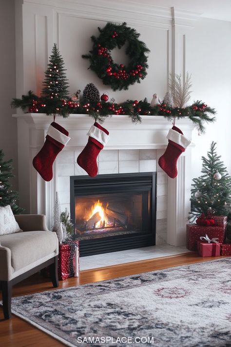 Get inspired with 21+ fireplace decor ideas for Christmas 2024 that will turn your hearth into a festive focal point! Drape lush greenery garlands accented with twinkling lights, baubles, or ribbon for a timeless look. Add stockings in vibrant colors or elegant neutrals for a personalized touch. #ChristmasFireplace #HolidayDecorIdeas #FestiveFireplaceDecor #Christmas2024 Fireplace Mantel Christmas Decor, Simple Fireplace Mantel, Fireplace Christmas Decorations, Christmas Decor Fireplace, Christmas Fireplace Decorations, Decor Ideas For Christmas, Festive Fireplace, Fireplace Decor Ideas, Simple Fireplace