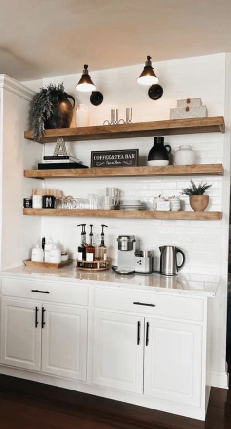 Corner Bar Ideas For Home, Coffee Cupboard, Kaffe Station, Built In Coffee Bar, Kitchen Coffee Bar Ideas, Kitchen Coffee Bar, Country Property, Syrup Dispenser, Coffee Bar Station