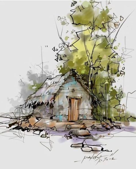 Drawings With Watercolor, Line And Wash Watercolor, Line And Wash, Watercolor Barns, Pen And Ink Drawings, Watercolor Scenery, Ink Water, Watercolor Art Landscape, Watercolor Architecture