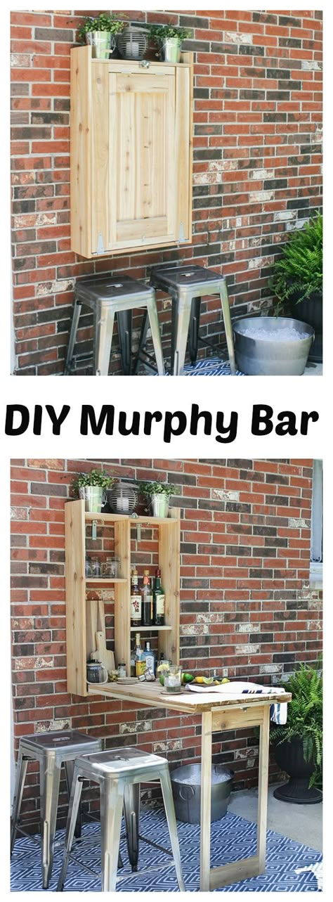 This awesome DIY Fold-Down Outdoor Murphy Bar is perfect for spaces big and small. You can make it from just a few pieces of scrap wood and a few supplies. Diy Storage For Small Spaces, Bar En Plein Air, Murphy Bar, Diy Outdoor Bar, Bar Exterior, Backyard Bar, Diy Bar, Diy Holz, Wood Bar