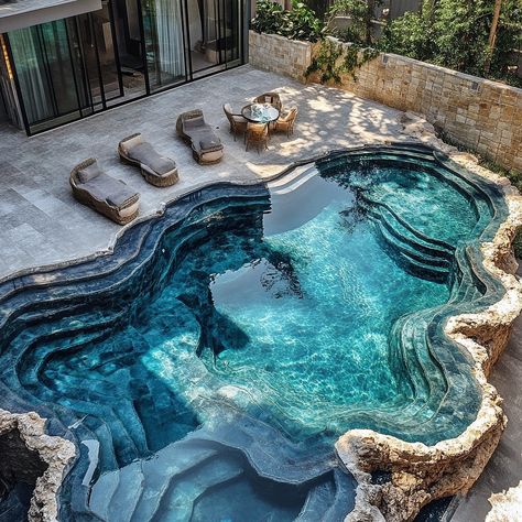 Ecosapiens | Experience elegance with the Geode-Inspired Swimming Pool. Featuring a dazzling mosaic that mimics natural geode patterns, it creates a… | Instagram Mosaic Pool Design, Moroccan Pool, Walk In Pool, Pool Tile Designs, Roman Pool, Swimming Pool Mosaics, Diving Pool, Freeform Pools, Big Pools