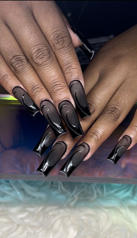 Black Glossy Acrylic Nails, Translucent Black Acrylic Nails, Black Translucent Nails, Clear And Black Nails, Black Sheer Nails, Translucent Black Nails, Black Glass Nails, Black Acyrilics Nails, Black Jelly Nails Acrylic