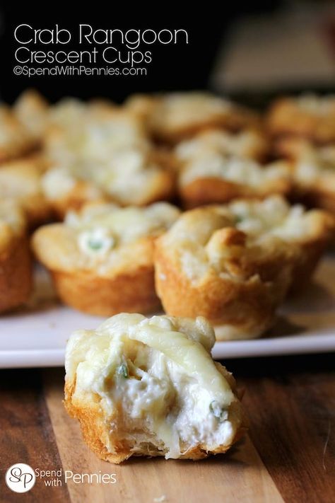 Crab Rangoon Crescent Cups! Easy to make crispy crescents filled with a creamy crab rangoon filling. These will be the first appetizer gone at any party! Crescent Cups, Crab Rangoon, Crescent Roll Recipes, Crescent Roll, Muffin Tins, Party Food Appetizers, Crescent Rolls, Rolls Recipe, Party Snacks