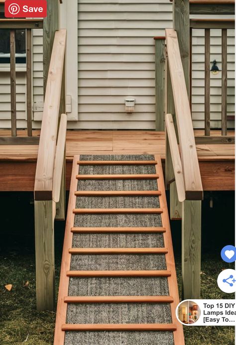 Diy Dog Ramp For Stairs Outdoor, Diy Dog Ramp For Stairs, Ramp Railing, Dog Stairs Diy, Diy Dog Ramp, Dog Ramp For Stairs, Dog Ramp Diy, Ramp Ideas, Wooden Ramp