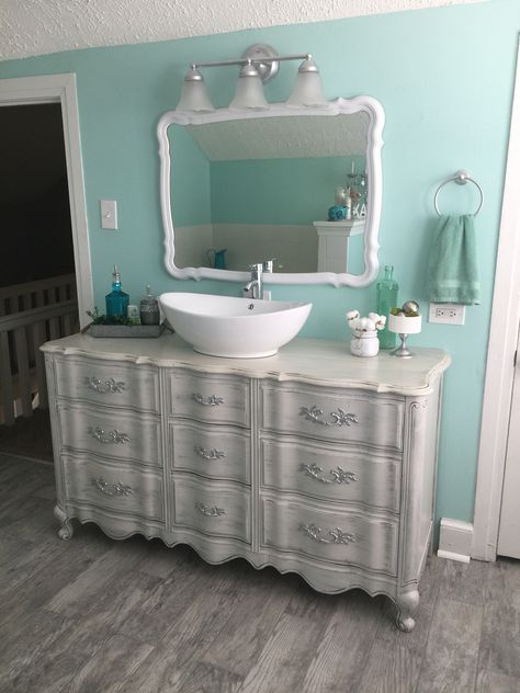 Dresser into a sink vanity Dresser remodel French provincial French Provincial Dresser Bathroom Vanity, Dresser For Vanity, Vanity Dresser Makeover, Dresser Into Bathroom Vanity, Makeup Vanity Makeover, Vanity Upcycle, Diy Sink Vanity, French Provincial Bathroom, Painted French Provincial Furniture