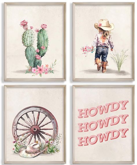 PRICES MAY VARY. THE BEST CHOICE: This poster print set features a unique art style and the decorative print of the cowboy poster perfectly complements the wall decor to create a lovely and relaxing feel. It easily enhances the beauty of your room with its humorous and cute look, providing a beautiful landscape for your home interior. PERFECT ART DECORATION: Whether you want to add some decoration to a room in your home, kids' room, dorm room or apartment, or just want to fill up a blank wall, t Pink Western Home Decor, Cowgirl Toddler Room, Desert Theme Nursery, Western Nursery Decor, Cowgirl Nursery Theme, Western Nursery, Cowgirl Room, Cowgirl Nursery, Girl Nursery Themes