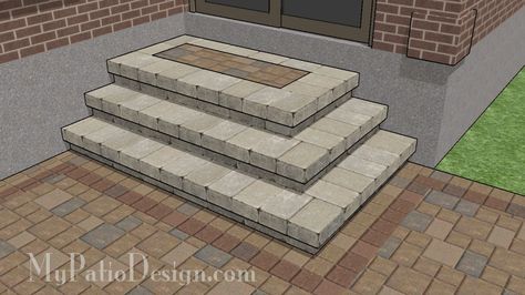 Beautiful Tumbled Block Creates Cascading Steps for Your Patio. | Download Installation Plans at MyPatioDesign.com Patio Step, Patio Blocks, Large Pavers, Patio Stairs, Front Porch Steps, Front Door Steps, Cascade Design, Brick Steps, Concrete Patios