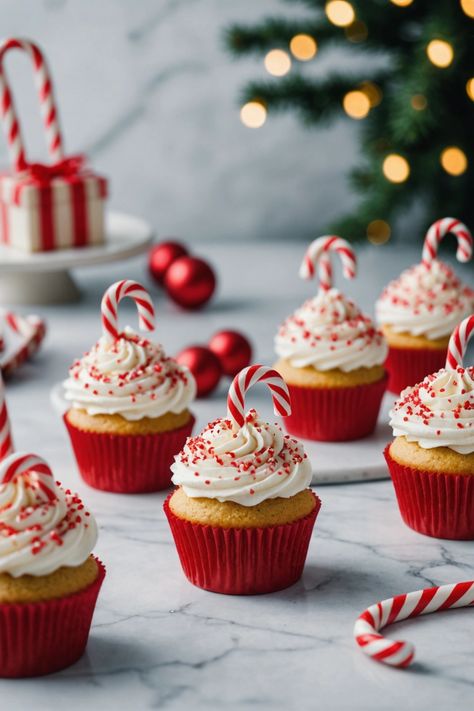 A photo of a  Candy Cane Cupcakes which is a type of Christmas cupcake recipes Easy Baking Christmas, Food To Make For Christmas Party, Sweet Board Christmas, Cupcakes Christmas Ideas, Christmas Cupcake Icing Ideas, Holiday Mini Cupcakes, Christmas Baking Recipes Cupcakes, Cute Holiday Baking Ideas, Christmas Food Sweet