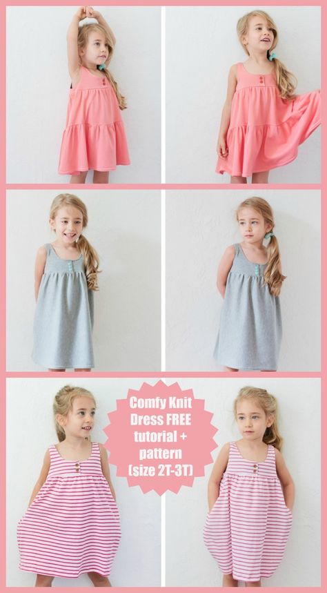 Comfy Knit Dress FREE tutorial + pattern (size 2T-3T). There are two versions of this quick and easy to throw on dress, one with a flouncy, twirly 2 tier skirt and one with a less full single-tier skirt with side seam pockets. Like the original top, the designer made these dresses using knits because they're so soft, stretchy, and comfy. This tutorial includes printable bodice pattern pieces to sew a size 2T-3T dress {plus tips on how to make other sizes} and step by step directions for making t Tiered Dress Pattern, Knit Dress Pattern, Girls Dress Sewing Patterns, Bodice Pattern, Girl Dress Pattern, Free Girl, Dress Tutorials, Sewing Patterns For Kids, Dress Sketches