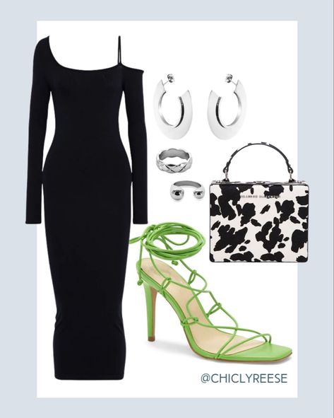 An outfit collage with a long sleeve midi dress, strappy lime green heels, a cow print mini bag, and silver jewelry. Dress With Heels, Cute Date Night Outfits, Black Dress With Heels, Cute Date Night, Cute Date, Gorgeous Clothes, Date Outfits, Night Outfits, Outfits Ideas