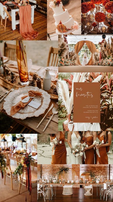 This burnt orange color wedding scheme is perfect for a fall wedding! Burnt Orange Wedding Theme Color Combos, Burnt Orange And Champagne Wedding, Burnt Orange Wedding Cake, Orange Color Wedding, Burnt Orange Weddings Decorations, Burnt Orange Wedding Theme, Orange Wedding Decorations, Orange Wedding Themes, Burnt Orange Wedding