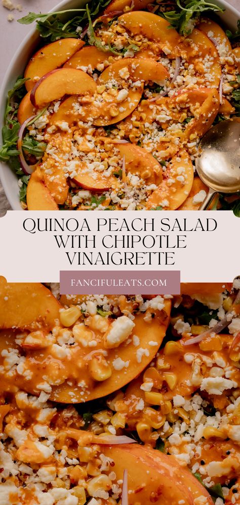 Peach salad with quinoa, corn, cotija, and chipotle vinaigrette. Chipotle Vinaigrette, Bbq Salads, Peach Salad, Large Salad Bowl, Leafy Greens, Light Lunch, Quinoa Salad, How To Cook Quinoa, Side Salad