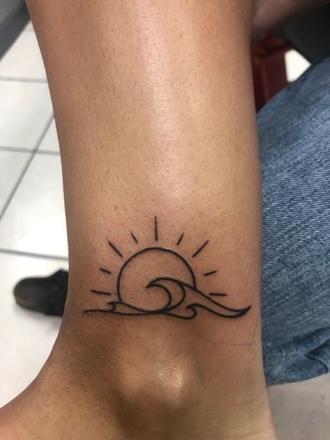 Ocean Wave With Sun Tattoo, Sun And Wave Tattoo Wrist, Water And Sunset Tattoo, Sun Over Ocean Tattoo, Sunset Wave Tattoo, Wave Henna Tattoo, Sun Waves Tattoo, Sun And Wave Tattoo Simple, Sun And Water Tattoo