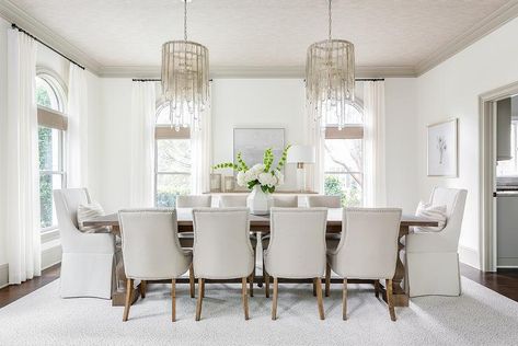 Gray Glass Cascading Chandeliers Over Trestle Dining Table - Transitional - Dining Room Wine Glass Chandelier, Cabinets Gray, Gray Backsplash, Fabric Chandelier, Brown Floor, Transitional Dining Room, Wine Glass Candle, Transitional Dining, Cabinets White