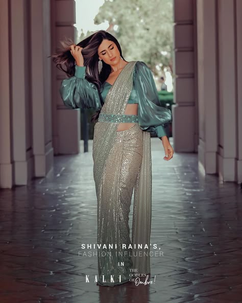 THE OODLES OF OMBRE 💫 KALKI x SHIVANI RAINA Jasmine took a desi twist! 😍 @shivanirainaofficial giving us princess vibes in the aqua… Marriage Dresses, Pleated Saree, Princess Vibes, Saree Wearing Styles, Kalki Fashion, Fancy Sarees Party Wear, Organza Blouse, Indian Saree Blouses Designs, Indian Fashion Saree