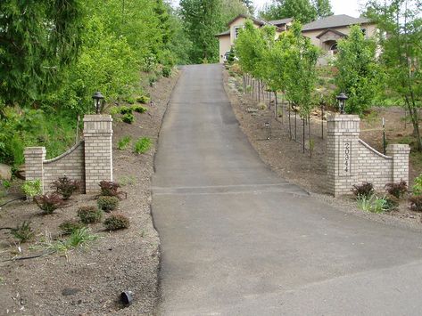 Brick Pillars Driveway Entrance, Brick Columns Driveway, Circle Driveway Landscaping, Grey Pool, Front Entry Landscaping, Entrance Gates Driveway, Circle Driveway, Brick Pillars, Driveway Entrance Landscaping