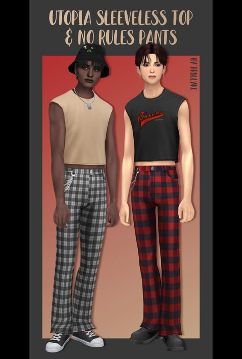 Utopia Sleeveless Top & No Rules Pants | Trillyke on Patreon Men Crop Top, Sims 4 Men Clothing, Sims 4 Male Clothes, Sims 4 Mm Cc, Sims 4 Cc Folder, Sims 4 Characters, Sims 4 Mm, Sims4 Clothes, Sims 4 Cc Packs