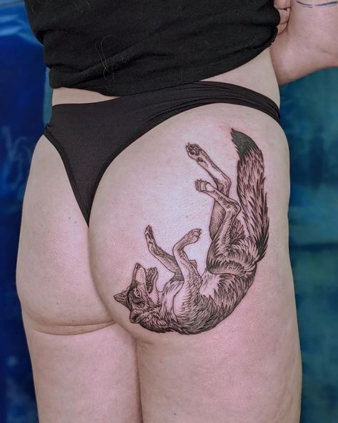 Wolverine Tattoo Animal, Cowbell Tattoo, Wolf Hip Tattoo, Canine Tattoo, Therian Tattoo, Long Neck Dinosaur Tattoo, She Wolf Tattoo, Above Knee Tattoo Words, Mythical Creatures Tattoo