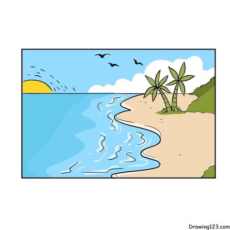 Landscape Drawing Tutorials - How to draw Landscape step by step Draw Landscape Step By Step, Drawing Of A Beach, Landscape Step By Step, Draw Landscape, Landscape Drawing Tutorial, Landscape Drawing Easy, Beach Cartoon, Landscape Steps, Beach Drawing