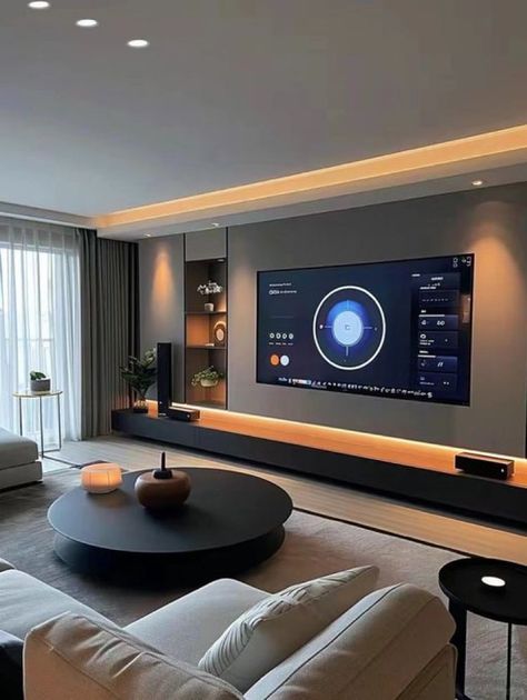 Living Room Tv Wall Luxury Interior Design, Bedroom With Tv Ideas, Tv Bedroom Ideas, Tv Lounge Ideas, Living Room Tv Wall Luxury, Tv Wall Design Modern Luxury, Luxury Tv Wall, Home Cinema Room, Latest Living Room Designs