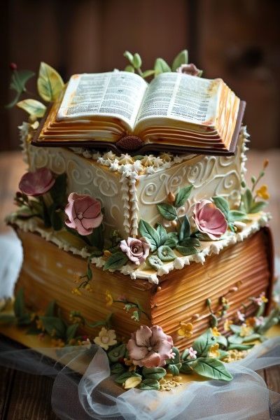 Christian Cakes Ideas, Book Cakes Ideas, Book Themed Cakes, Christian Birthday Cake, Bible Themed Party, Church Cake Ideas, Bible Cake Ideas, Book Theme Cake, Book Cake Ideas