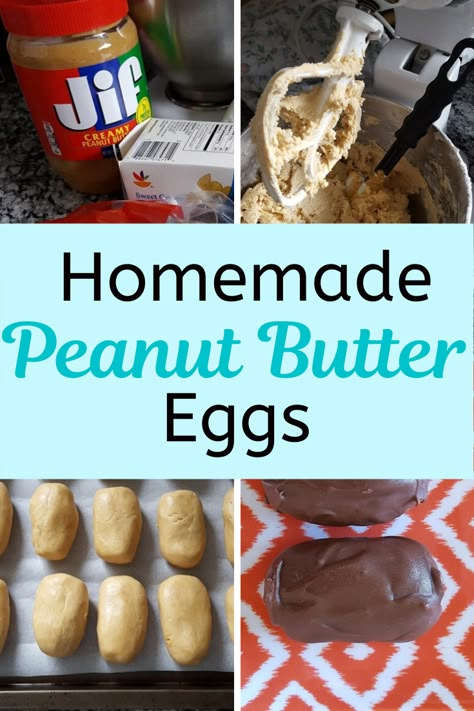 A homemade peanut butter egg recipe passed down through at least three generations. My grandmother made peanut butter eggs every year for Easter. This Easter tradition was then passed on to my mom and I! Now you can make your own homemade peanut butter eggs with this Easter dessert recipe. #easterdessert #peanutbuttereggs #homemadedessert #peanutbuttereggrecipe Easter Egg Peanut Butter Cups, Reeces Eggs Recipes, Peanut Butter Eggs Recipe 3 Ingredients, Easter Eggs Peanut Butter, Home Made Reeses Peanut Butter Eggs, Creamy Peanut Butter Eggs, Amish Peanut Butter Easter Eggs, Peanut Butter Eggs With Marshmallow Fluff, Church Peanut Butter Eggs