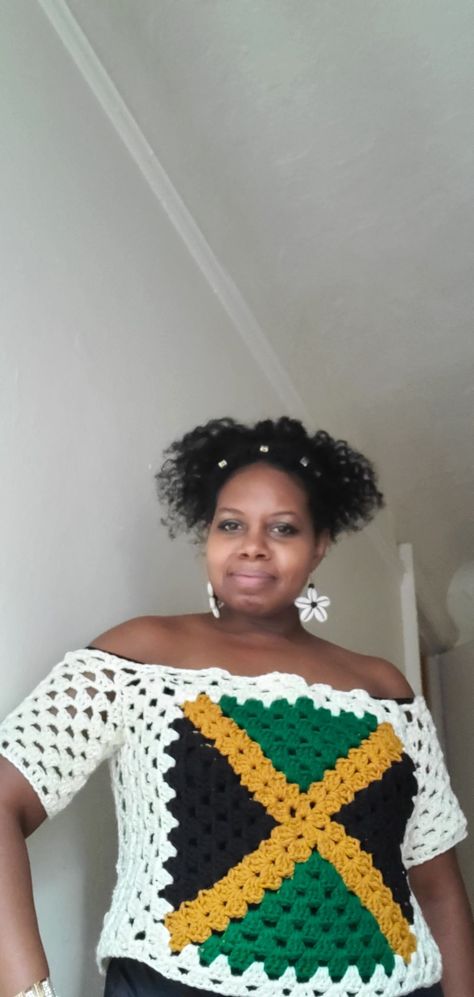 Jamaica Flag, Fun Crochet, Fun Crochet Projects, Off The Shoulder Top, Crochet Hat, Crochet Granny, Crochet Sweater, Designer Collection, Granny Square