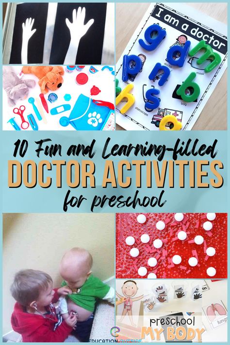 Do your kids like pretending to be doctors and nurses? Encourage their creativity and critical thinking skills and put together a pretend hospital or clinic, complete with medical equipment, printables, and tools to carry out daily operations. These 10 fun, learning-filled doctor activities are perfect for your kids. Doctor Infant Crafts, Dr Activities For Preschool, Doctor Week Preschool, Doctors Dramatic Play, Nurses Preschool Activities, Doctor Sensory Activities For Preschool, Medical Activities For Preschool, Doctors Day Activities For Kids, Nurse Activity For Preschool