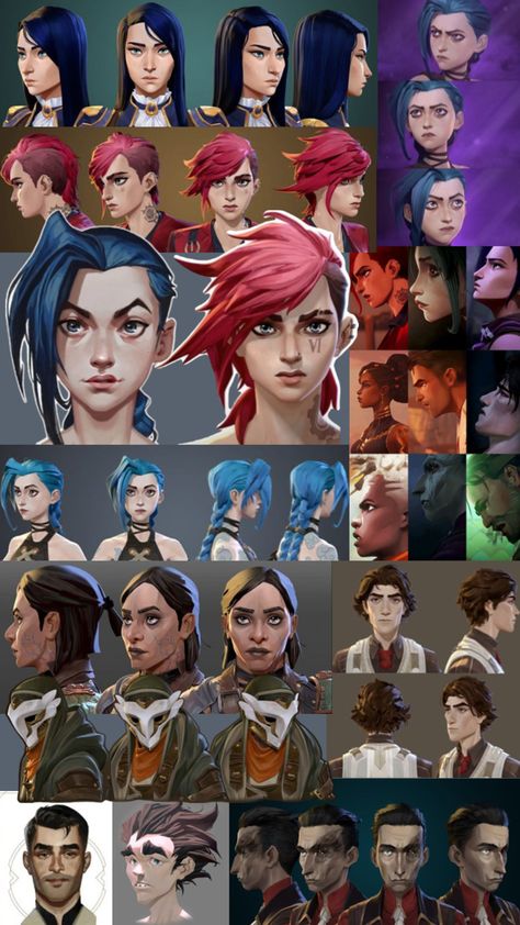 i had to make a collage of arcane’s character designs for a class lol Arcane Character Study, Arcane Rendering Style, Arcane Base Oc, Arcane Faces Study, Arcane Style Reference, Arcane Face Reference, All Arcane Characters, Arcane Rendering, How To Draw In Arcane Style