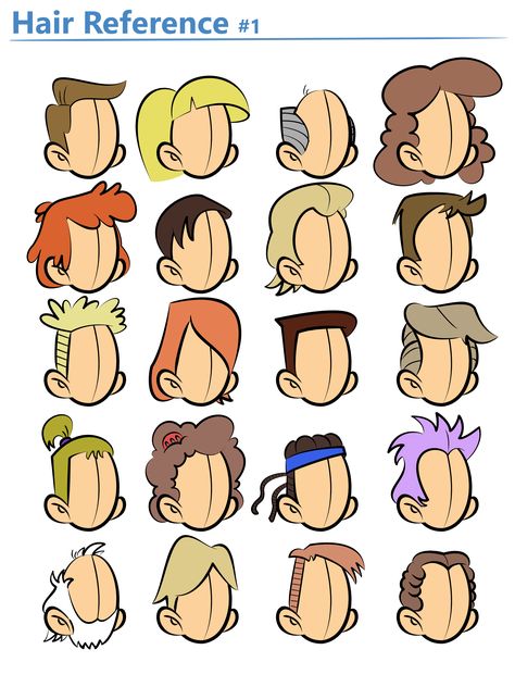 Cartoon hair reference Cartoon Mullet Hair, Hair Reference Cartoon, Modern Cartoon Characters, Cartoon Drawings Hair, Cartoon Hair Ideas, Hair Color Illustration, Cartoon Head Reference, Hair Styles Cartoon, Cartoon Art Style Reference