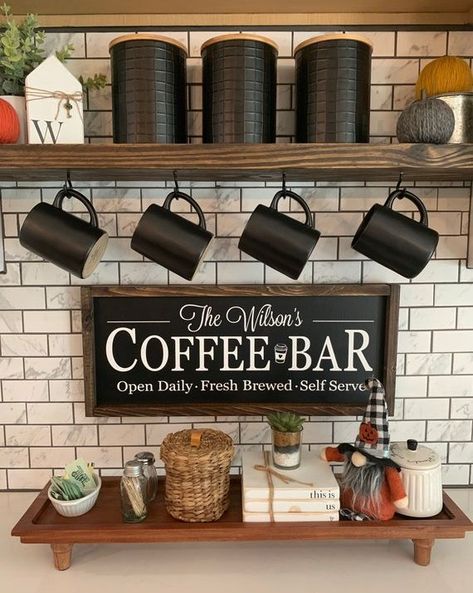 30 Best Coffee Bar Ideas 2022 - DIY Coffee Bar Ideas for Small Spaces Coffee Bar Chalkboard Sign, Cute Coffee Bar Signs, Black And White Coffee Bar Ideas, Coffee Bar Wooden Signs, Personalized Coffee Bar Signs, Coffee Bars In Kitchen Farmhouse, Black And Wood Coffee Bar, Small Coffee Station Ideas Kitchen, Coffee Bar Signs Diy Farmhouse