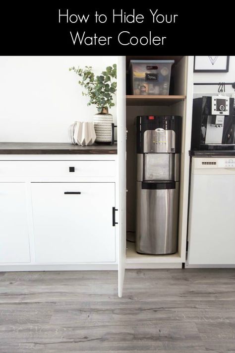 Wow! This is genius! Is your water cooler an eyesore? Hide it inside one of your tall cabinets with this simple tutorial! With just a few tools you can have your own hidden water cooler or water dispenser. Love this idea for a clean, modern look in the kitchen! #blackandwhite #modernkitchen #diy Water Dispenser Cabinet Ideas, Tall Cabinets, Apartment Things, Beautiful Modern Homes, Minimal Kitchen, Inside Cabinets, Kitchen Ideas Modern Luxury, Kitchen Pantry Cabinets, Spice Storage