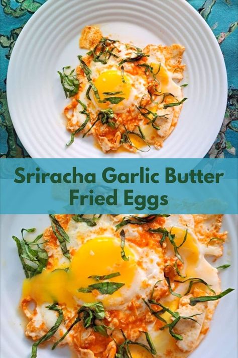 Decadent and creamy eggs fried in butter are paired with garlic and spicy sriracha hot sauce. Great vegetarian breakfast or brunch. Jammy Eggs Breakfast, Spicy Heavy Cream Eggs, Spanish Fried Egg, Spicy Egg Recipes, Fried Egg Sandwich Ideas, Grab N Go Breakfast Ideas, Garlic Butter Eggs, Unique Egg Recipes, Spicy Breakfast Ideas