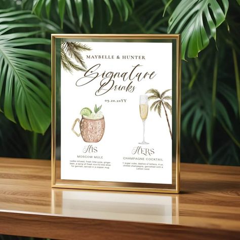 Boho Tropical Wedding, Signature Drinks Wedding, Drinks Wedding, Wedding Drink Sign, Moscow Mule Cocktail, Tropical Glam, Hawaii Beach Wedding, Tropical Invitations, Mule Cocktail