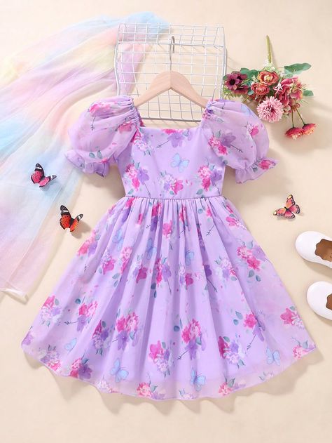 SHEIN Young Girl Floral Print Puff Sleeve DressI discovered amazing products on SHEIN.com, come check them out! Mode Purple, Frocks For Kids, Shein Kids, Purple Style, Kids Dress Wear, Girls Frock Design, Kids Designer Dresses, Boho Summer Dresses, Kids Frocks