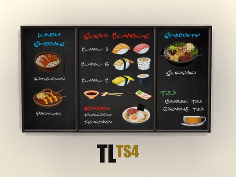 Sims 4 Restaurant Menu Cc, Chinese Food Menu, Sims 4 Restaurant, Asian Wall Decor, Chinese Menu, Sushi Menu, Sims 4 Tsr, Japanese Menu, Asian Restaurant