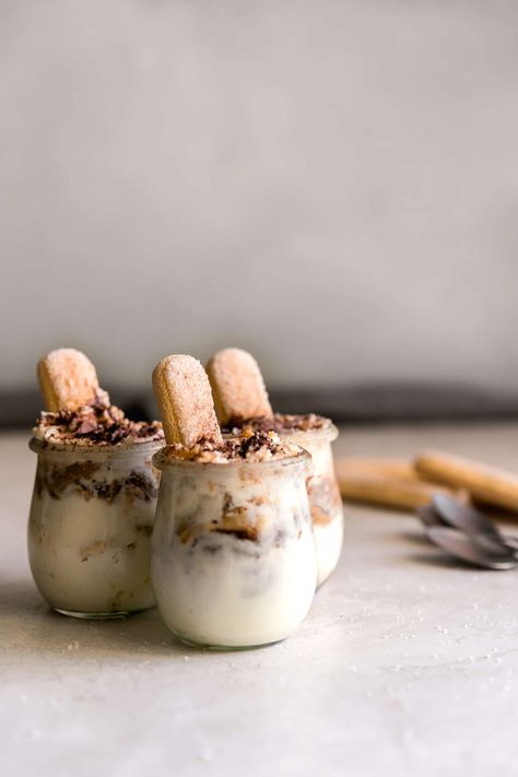 Three tiramisu cups with mascarpone mousse and espresso soaked ladyfingers Individual Tiramisu Cups, Tiramisu Recipe Without Eggs, Individual Tiramisu, Mascarpone Mousse, Tiramisu Cups, Classic Tiramisu, Dessert Shooters, Tiramisu Dessert, Quick Dessert