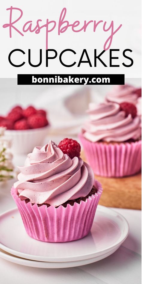 These Raspberry Cupcakes have a super-strong raspberry flavor and it all comes from using real raspberries! There is raspberry cake, raspberry filling and a raspberry frosting. The recipe has no artificial flavoring and tastes tart and sweet - perfect for spring baking! They have a naturally pink color from the raspberries, the filling is a raspberry sauce made from scratch which is also used to flavor the cupcakes and frosting. The frosting is a raspberry Russian buttercream - super glossy! Vanilla And Raspberry Cupcakes, Pink Cupcakes Recipe, Gluten Free Raspberry Cupcakes, Rasberry Cake Filling Easy, Flavored Cupcakes Ideas, Favorite Cake Recipes, Raspberry Almond Cupcakes, Raspberry Cupcakes Recipes, Spring Cupcake Recipes