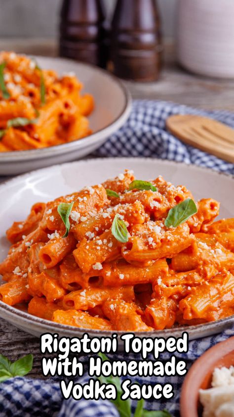 Treat yourself to rigatoni topped with homemade vodka sauce! This creamy rigatoni recipe makes an easy pasta dinner, perfect for any night when you crave delicious and satisfying meals." Rigatoni Sauce, Rigatoni With Vodka Sauce, Homemade Rigatoni, Easy Vodka Sauce, Creamy Rigatoni, Vodka Pasta Sauce, Homemade Vodka, Homemade Vodka Sauce, Rigatoni Recipe