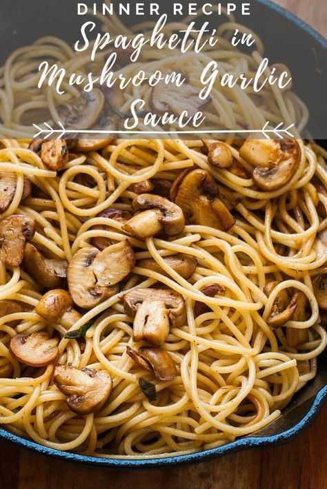 Spaghetti tossed in Butter & Garlic Sauce with mushrooms.Super Quick 15 minute Pasta Recipe. - Vegetarian Spaghetti Recipe that is a sure shot family dinner winner!   #pasta #vegetarian #spaghetti Spaghetti Without Tomato Sauce, Pasta Sauce Without Tomatoes, Butter Garlic Sauce, Weeknight Dinner Pasta, Garlic Mushroom Sauce, Pasta Vegetarian, Spaghetti Recipes Easy, Vegetarian Spaghetti, Sauce Spaghetti