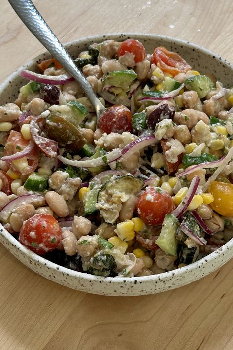 Mediterranean Dense Bean Summer Salad Mediterranean Dense Bean Salad, High Protein Dense Bean Salad, Summer Bean Recipes, Dense Salad, Mediterranean Salads Healthy, Salad Dinner, Mediterranean Bean Salad, Dense Bean Salad Violet Witchel, Dense Bean Salad Recipes