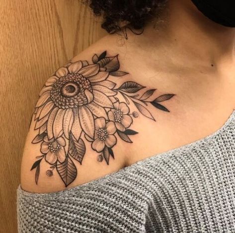 Womans Shoulder Tattoo Ideas, Womens Shoulder Cap Tattoo Ideas, Flower Over Shoulder Tattoo, Sunflower Tattoos Shoulder, Shoulder Cap Tattoos For Women Simple, Upper Sleeve Tattoo Women Unique, Flower Tattoos Shoulder Cap, Cap Shoulder Tattoo, Tattoo From Neck To Shoulder